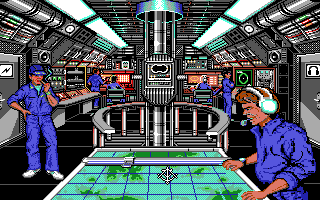 688 Attack Sub (Amiga) screenshot: The main game screen - the mouse pointer changes to the appropriate function sprite when over hot spots. Here it a sextant denoting the navigation room is activated by clicking here.