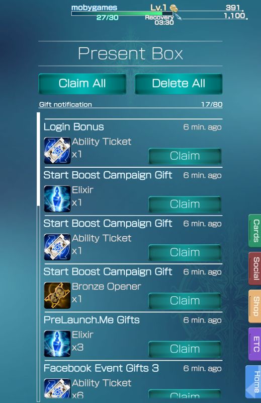 Mobius Final Fantasy (Android) screenshot: Rewards
