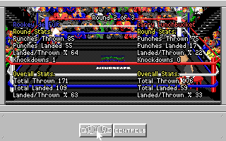 4-D Boxing (Amiga) screenshot: At the end of each round fight statistics are displayed
