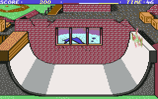 720º (Commodore 64) screenshot: Learning on a half-pipe (Mindscape)