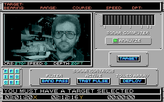 688 Attack Sub (Amiga) screenshot: The sonar screen - when carrying out an order most screens show a digitised picture of the crewman who is implementing your command.