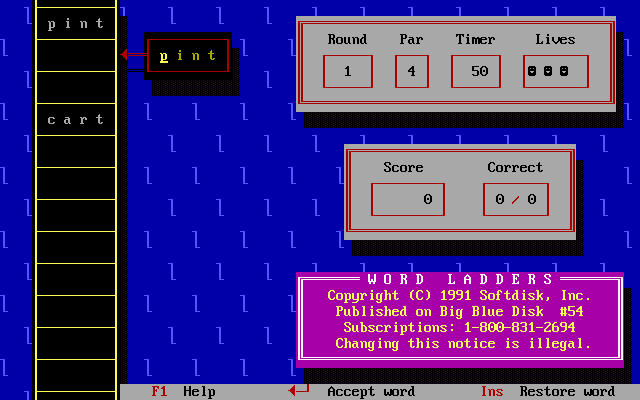 Word Ladders (DOS) screenshot: The start of a round 1 puzzle