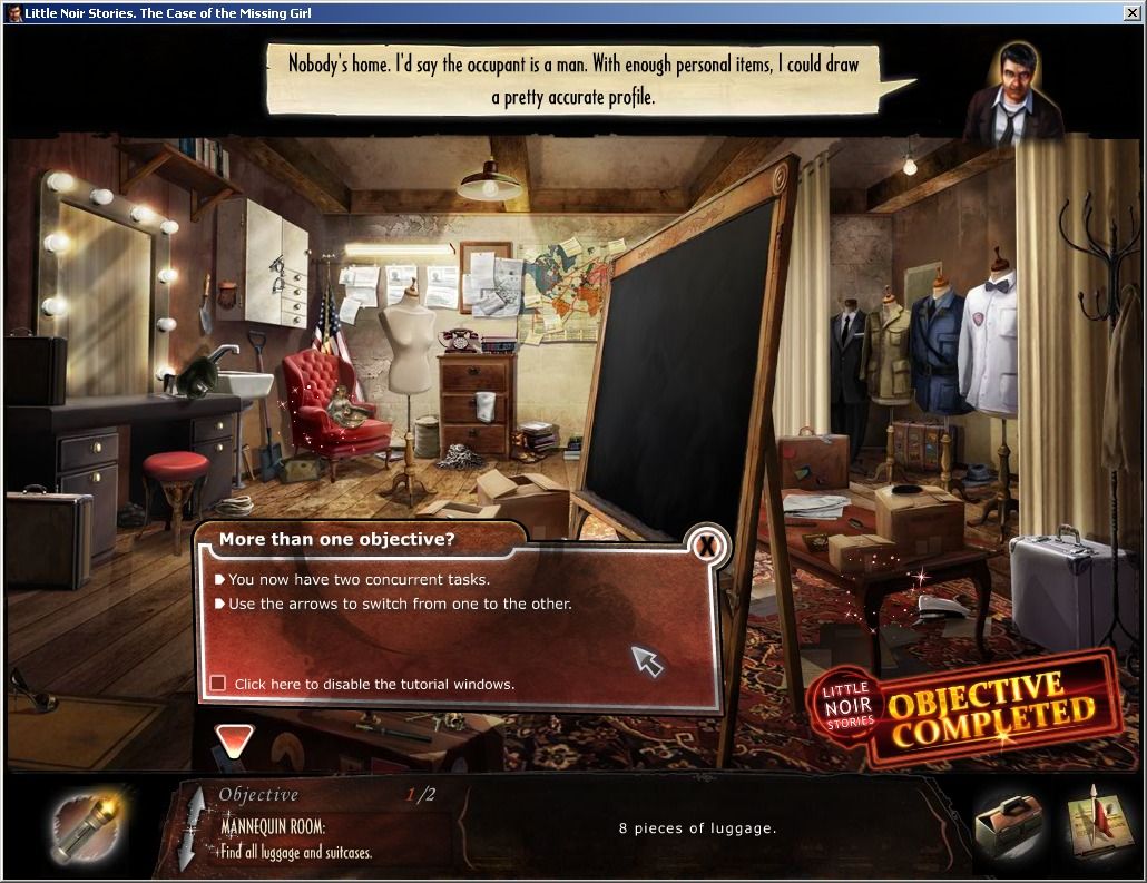 Little Noir Stories: The Case of the Missing Girl (Windows) screenshot: Hint window about multiple objectives