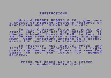 ABC: Alphabet Beasts & Co. (Commodore 64) screenshot: What would you like to do?