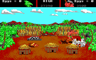 AAARGH! (DOS) screenshot: The ogre punches down a hut.