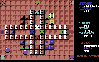 Acia (Commodore 64) screenshot: The small dots are switches, activate them all to clear the light blue barrier