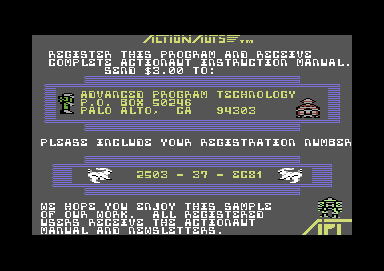 Actionauts (Commodore 64) screenshot: Registration request screen