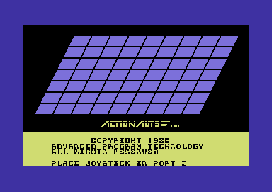 Actionauts (Commodore 64) screenshot: Title and plug in joystick to port 2