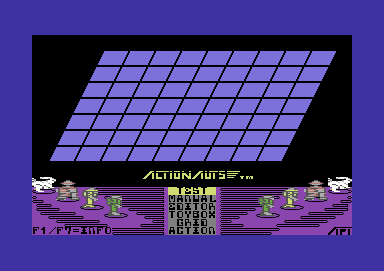 Actionauts (Commodore 64) screenshot: Main menu and robot selection.