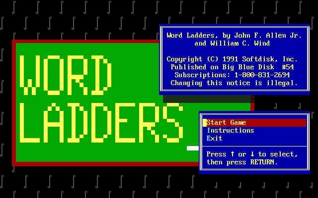 Word Ladders (DOS) screenshot: Main menu