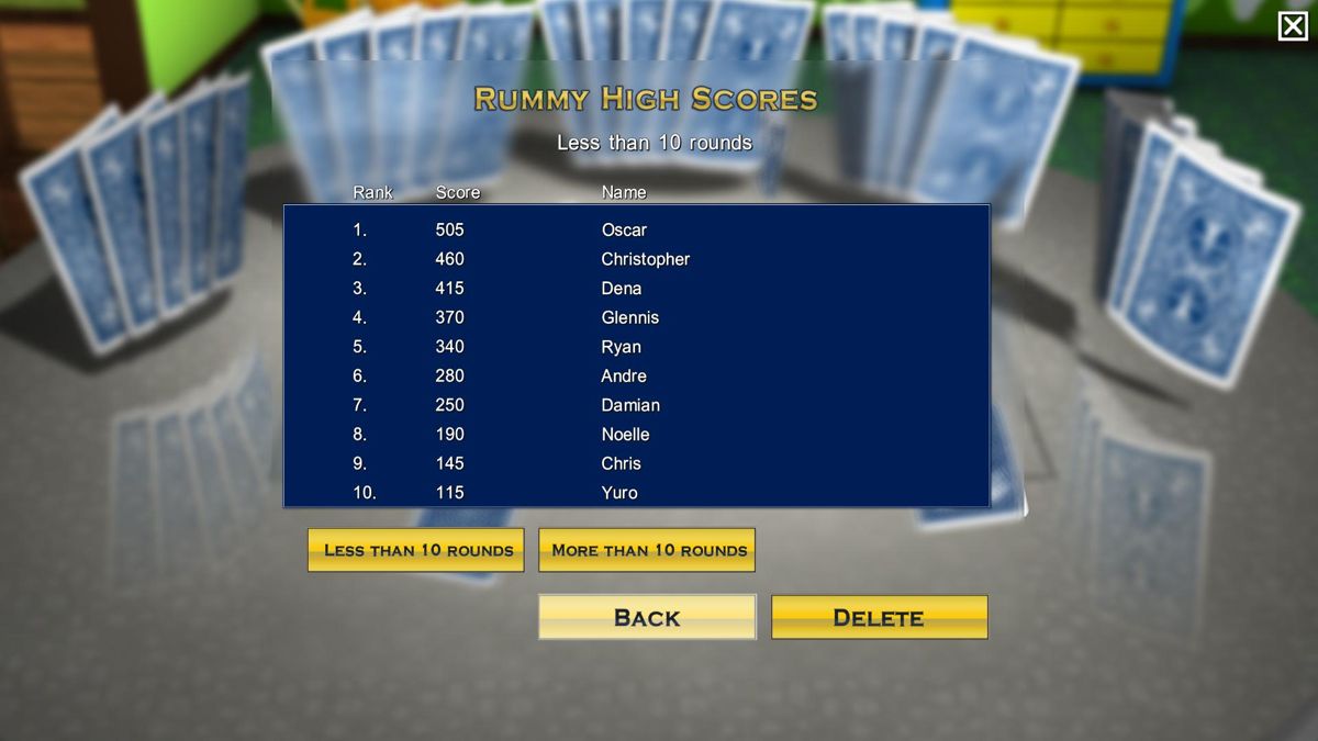 Bicycle Rummy (Windows) screenshot: High Scores