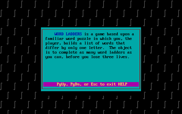 Word Ladders (DOS) screenshot: Help screen