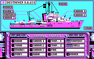 Advanced Destroyer Simulator (DOS) screenshot: Taking a look at the damage report. (CGA)