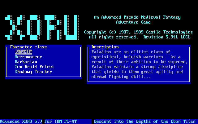 Advanced Xoru (DOS) screenshot: Select your class