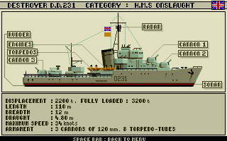 Advanced Destroyer Simulator (DOS) screenshot: Our ship, the destroyer H.M.S. Onslaught.
