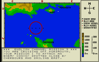 Advanced Destroyer Simulator (DOS) screenshot: Mission briefing. In this assignment in the English Channel, we have to pursue and sink a German convoy.