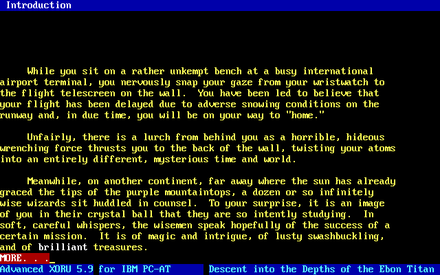 Advanced Xoru (DOS) screenshot: Back story. You start out as an average person waiting in an airport then get sucked into the fantasy world of XORU