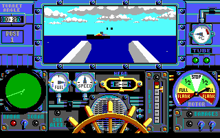 Advanced Destroyer Simulator (DOS) screenshot: Firing with the cannons, the enemy ship is already burning. (EGA)