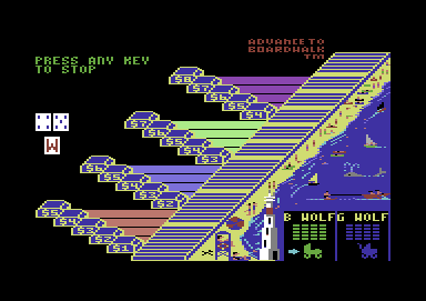 Advance to Boardwalk (Commodore 64) screenshot: Rolling the three dice