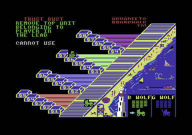 Advance to Boardwalk (Commodore 64) screenshot: Cannot use "Trust Bust" fortune card