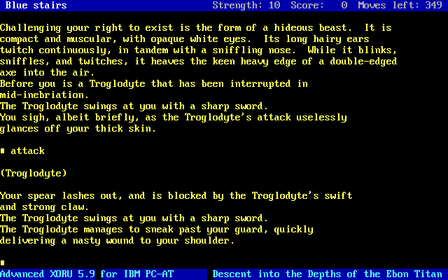 Advanced Xoru (DOS) screenshot: Battling a Troglodyte