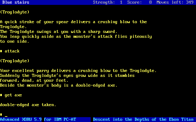 Advanced Xoru (DOS) screenshot: Killed the Troglodyte and took his axe.