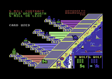 Advance to Boardwalk (Commodore 64) screenshot: "5 Mil Contract" fortune card used
