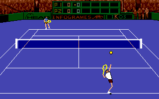 Advantage Tennis (DOS) screenshot: Getting ready to serve on an indoor court.