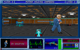 Blake Stone: Aliens of Gold (DOS) screenshot: Goldfire himself randomly appears in levels to taunt and attack.