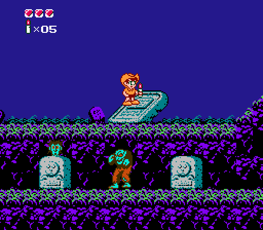 Disney Adventures in the Magic Kingdom (NES) screenshot: Inside "Haunted Mansion" (feels like Ghosts N' Goblins actually)