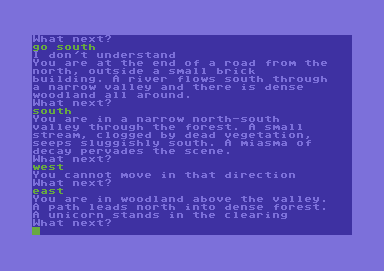 Adventure Quest (Commodore 64) screenshot: A unicorn is nearby