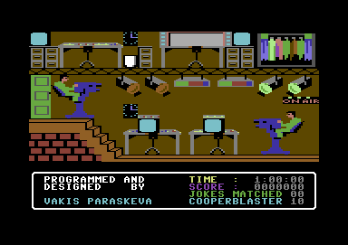 The Adventures of Bond... Basildon Bond (Commodore 64) screenshot: You will see dudes operating cameras around the TV studio