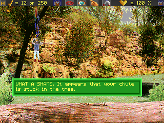 The Adventures of Down Under Dan (DOS) screenshot: Parachute stuck in a tree.