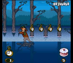 Adventures of Yogi Bear (SNES) screenshot: Yogi is about to add more clocks to his counter: to this, he utilizes some animal-surfing methods...