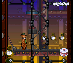 Adventures of Yogi Bear (SNES) screenshot: Before to add-collect some more clocks, Yogi walks slowly to pass below an iron-hit-stomping gadget!