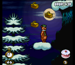 Adventures of Yogi Bear (SNES) screenshot: Jump above floating platforms (clouds etc.) to reach top-high places!