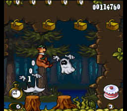 Adventures of Yogi Bear (SNES) screenshot: With a jump of faith, Yogi was be able to stomp a ghost, but he'll be able to stomp the next one?