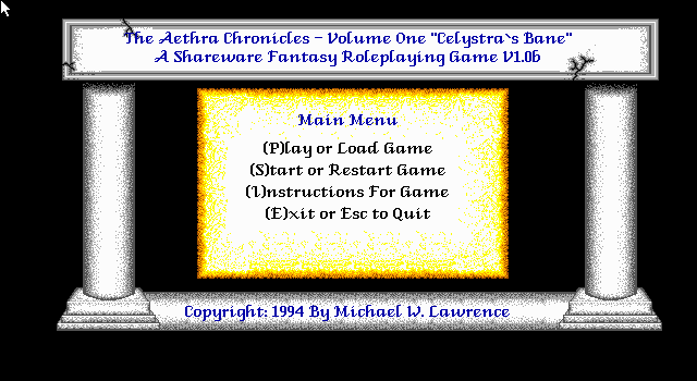 The Aethra Chronicles: Volume One - Celystra's Bane (DOS) screenshot: Main Menu