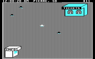 Agent USA (PC Booter) screenshot: You can pick up train tickets or visit the information booth here (CGA with RGB monitor)