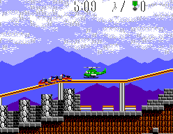 Air Rescue (SEGA Master System) screenshot: The rollercoaster is about to crash into the helicopter