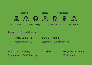 Alien (Commodore 64) screenshot: Meet the characters and select an option