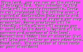 Alien Fires: 2199 AD (DOS) screenshot: Further introduction, now on a hot pink background! (CGA)