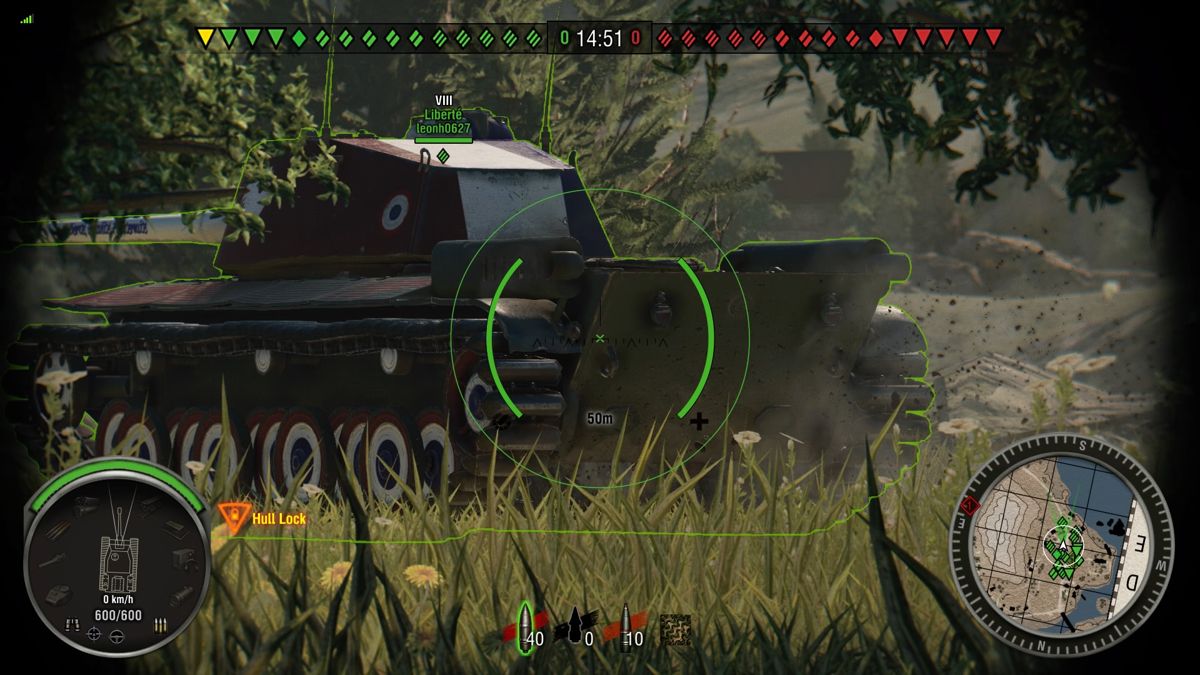 World of Tanks: Liberté (PlayStation 4) screenshot: Close-up on a Liberte tank leaving the dirt behind as it's moving toward the enemy