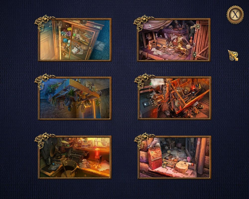 Clockwork Tales: Of Glass and Ink (Collector's Edition) (Windows) screenshot: The selection of hidden object scenes