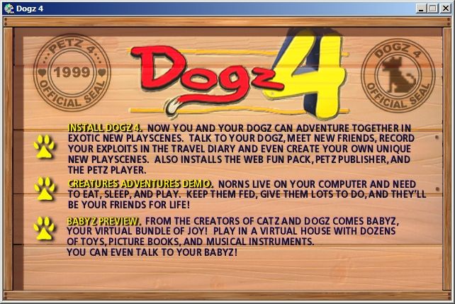 Dogz 4 (Windows) screenshot: The game autoloads to this menu which installs Dogz 4 and/or two demos <br> Focus Multimedia's PC Fun Club version