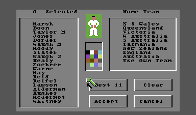 Allan Border's Cricket (Commodore 64) screenshot: Team and player selection