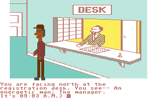 The Alpine Encounter (Commodore 64) screenshot: The registration desk