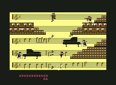 Amadeus Revenge (Commodore 64) screenshot: Pianists and violinists are trying to eliminate you...