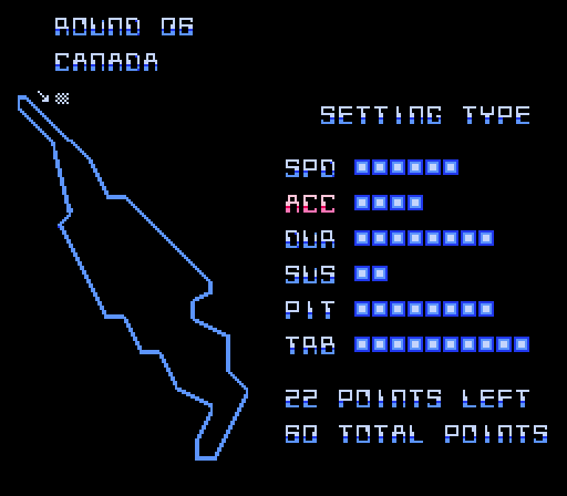 Al Unser Jr. Turbo Racing (NES) screenshot: The game lets you tweak settings in time trial mode