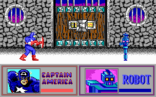The Amazing Spider-Man and Captain America in Dr. Doom's Revenge! (DOS) screenshot: Captain America takes on a robot that transforms into a box. (EGA)